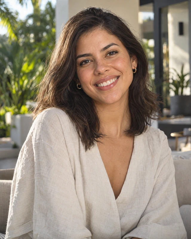 Smiling woman in a light blouse seated beside greenery